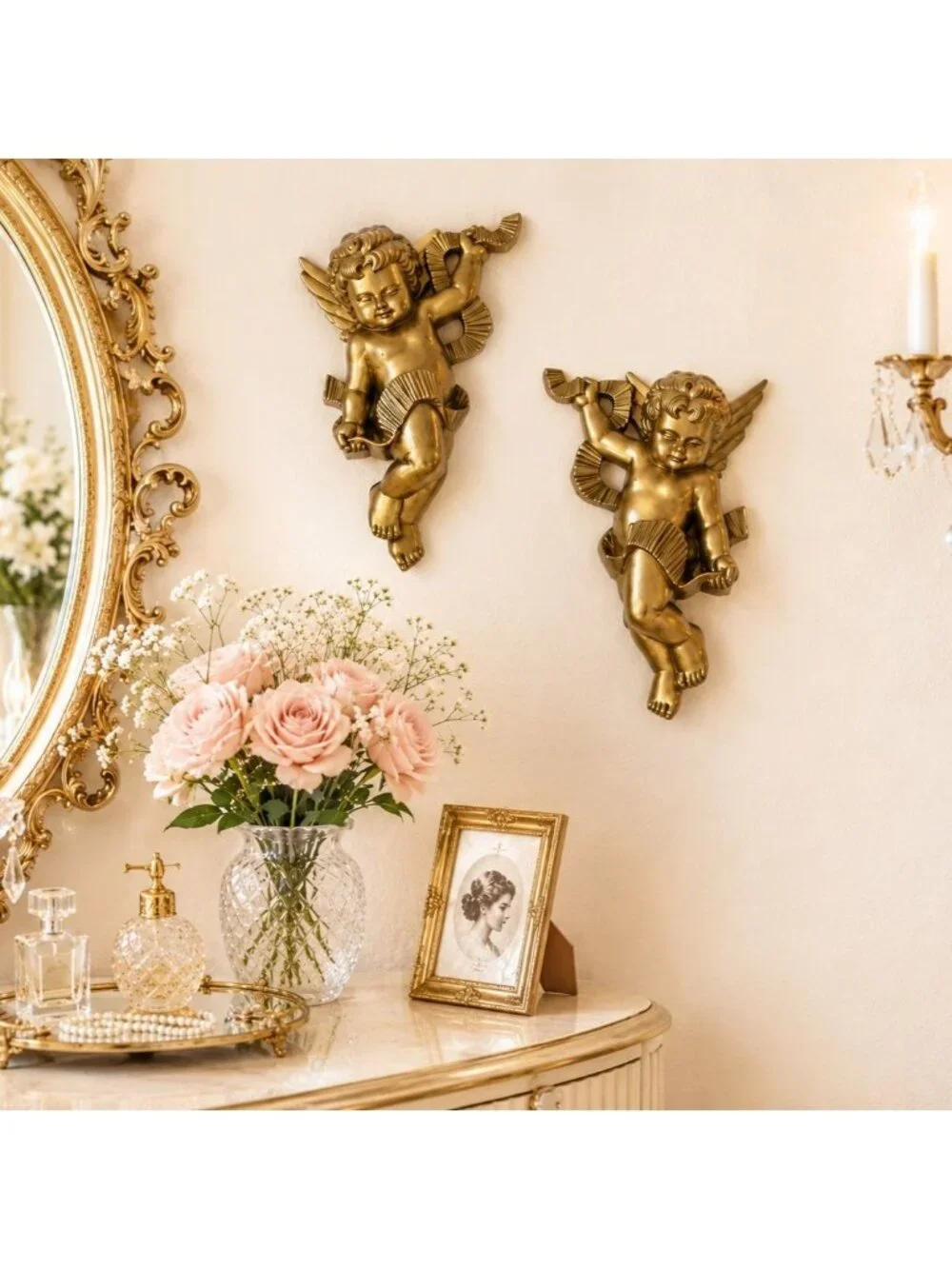 Vintage Burwood Cherub Wall Plaques Set of 2 Regency Gold Angel Hanging Pair